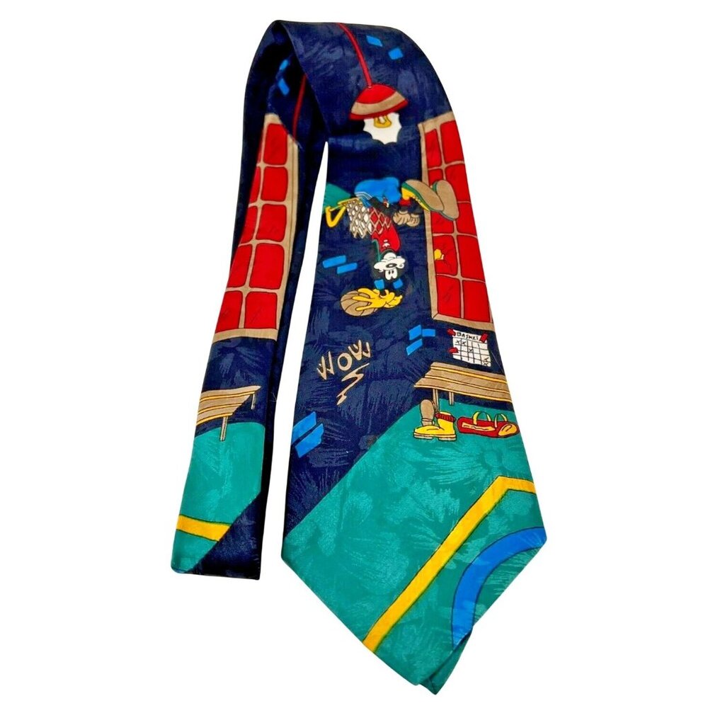 Vintage Mickey Unlimited Disney Necktie Tie Blue Goofy Playing Basketball Mens